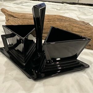 Art Deco Modernistic Black Glass Triangle Creamer & Sugar Bowl